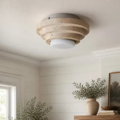 Plafondlamp met gelaagd travertin-effect, vlak gemonteerd