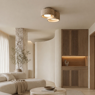 Plafondlamp van travertijnsteen met gelaagde cilindervormige kappen - Natuurlijke plafondlamp voor de slaapkamer