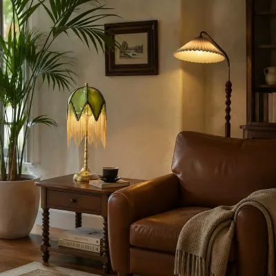 Lampa stołowa w stylu vintage z zielonymi frędzlami i abażurem z tkaniny botanicznej