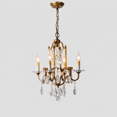 Antieke bronzen mini-kroonluchter met 4 kristallen lampen