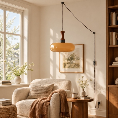 Velora Scandinavische hanglamp met stekker en glazen kap, geschikt voor gebruik in de boerderijstijl.