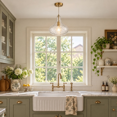 Vintage glazen hanglamp met verstelbare hoogte.