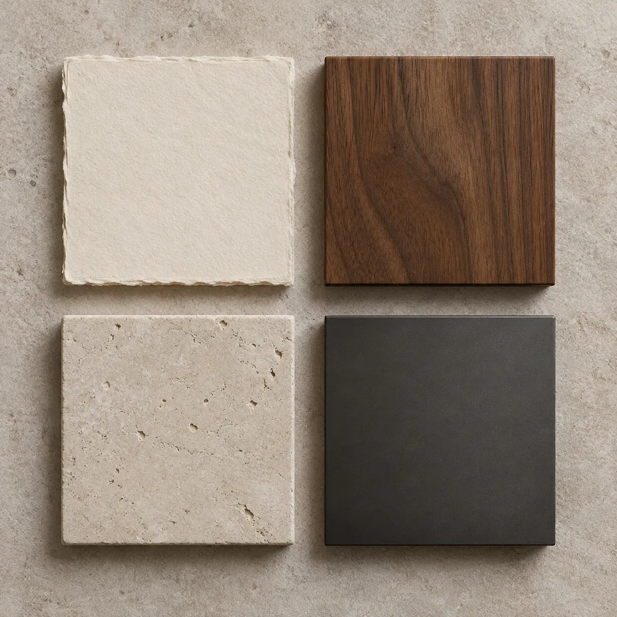 Paper, walnut, limestone and charcoal metal samples