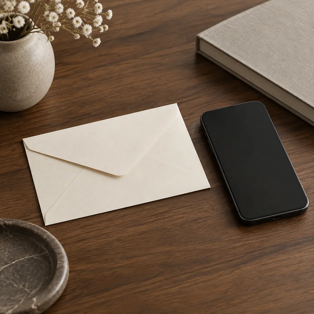 Unmarked envelope and a closed phone on walnut