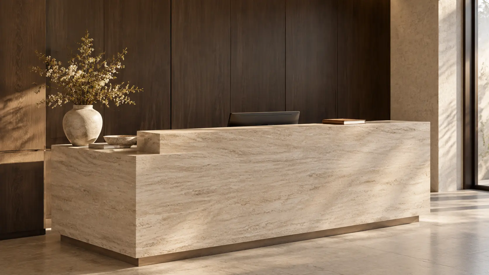 Limestone reception counter with no readable sign
