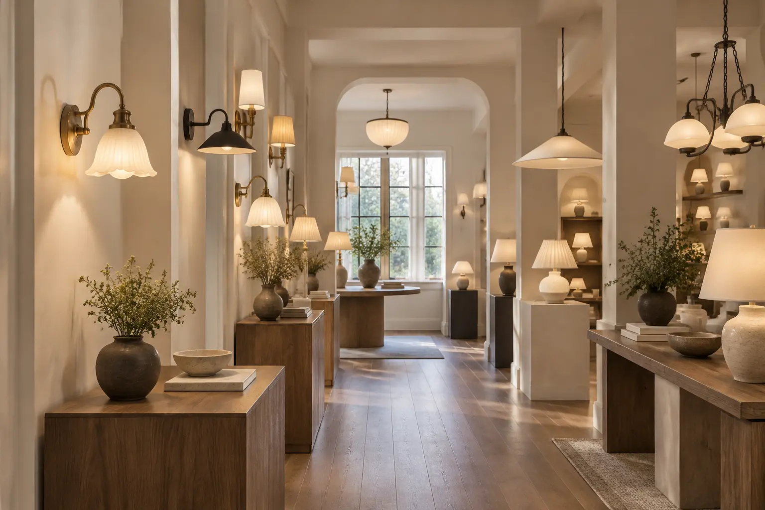 Quiet lamp aisle with plaster walls and walnut tables