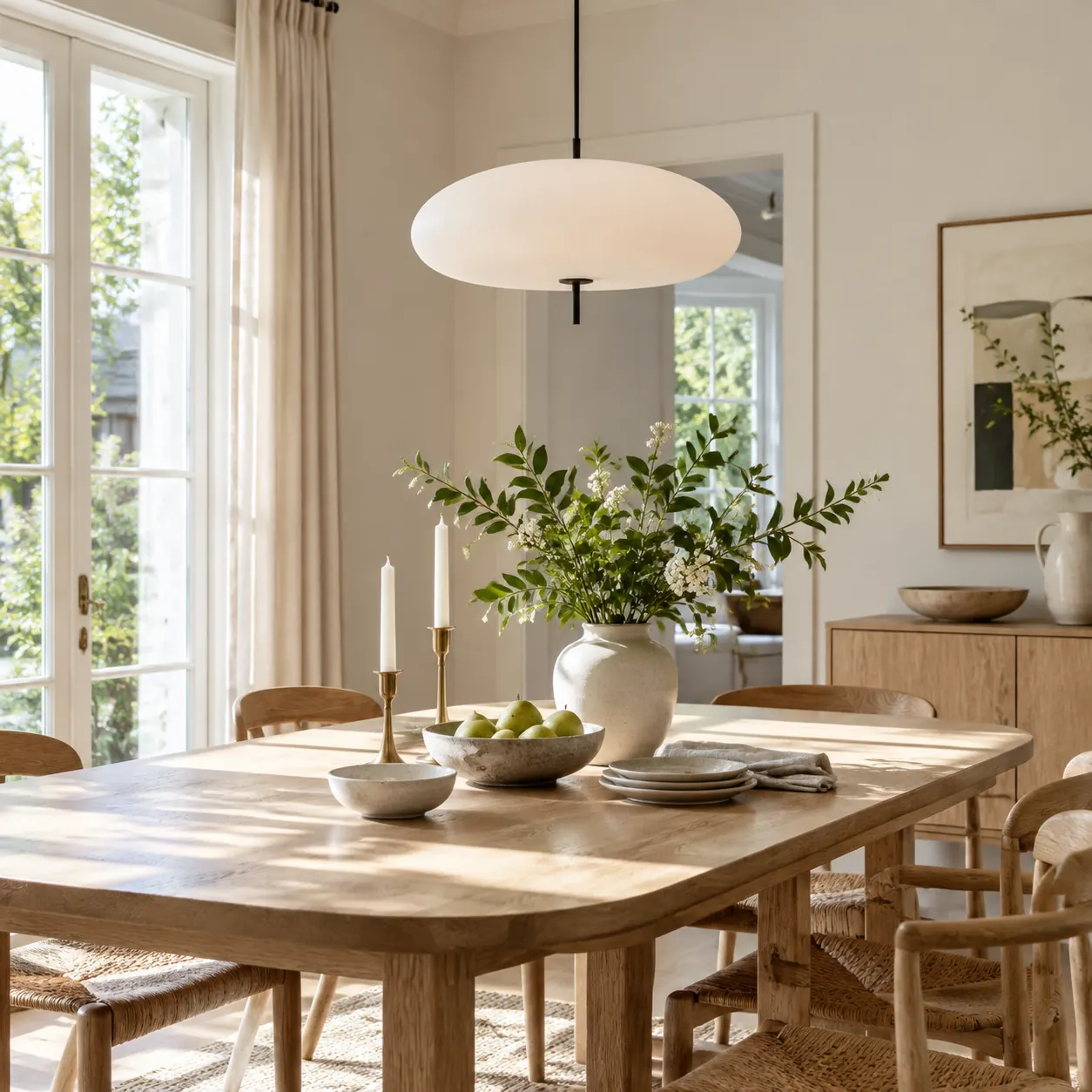 A bright dining table with white ceramics and green branches