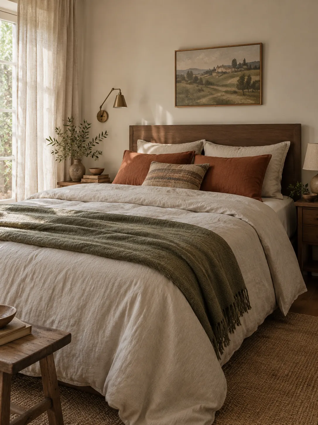 Oatmeal linen bed in a bright bedroom