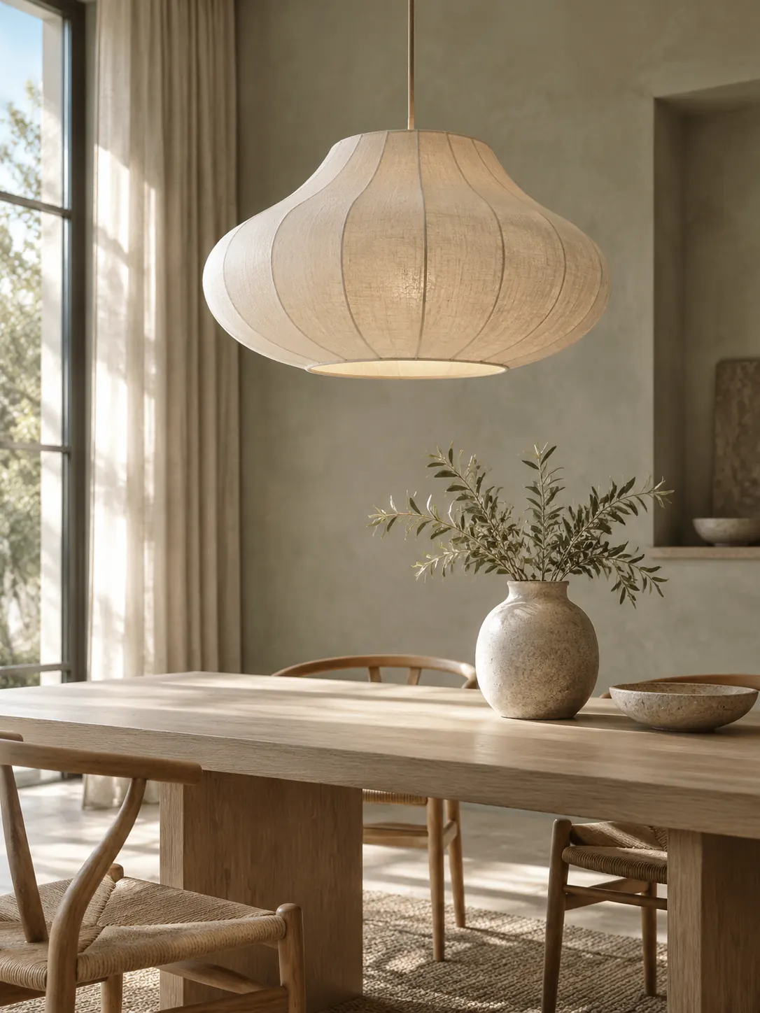Linen pendant over a pale oak dining table