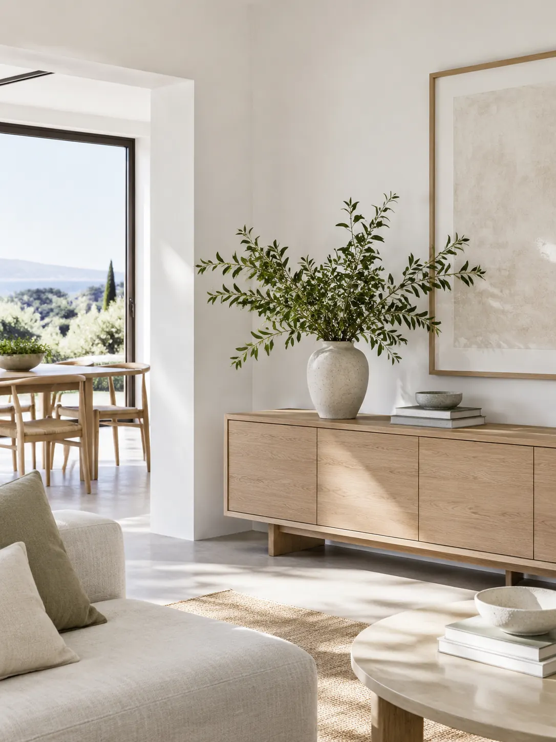 Pale oak sideboard in a bright modern room