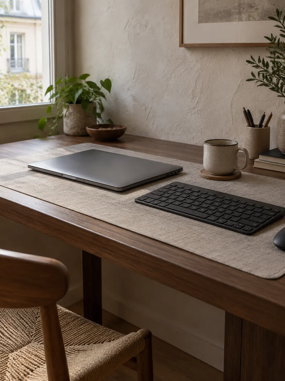 Closed graphite laptop on a walnut desk