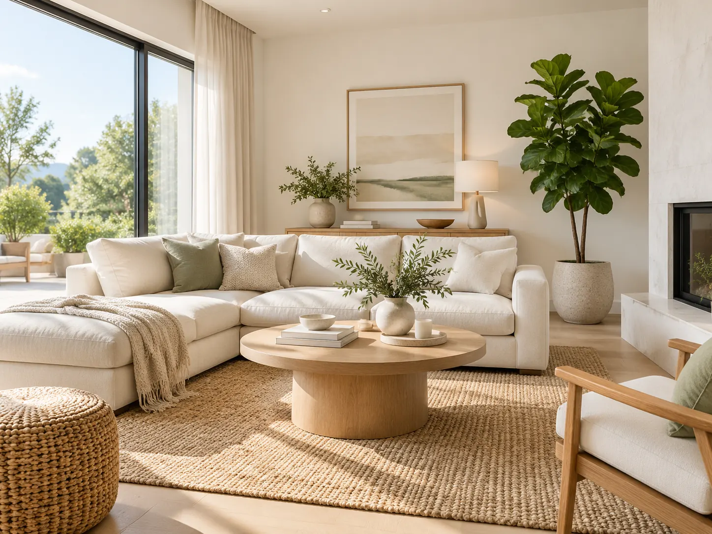 A bright modern living room with cream linen and daylight