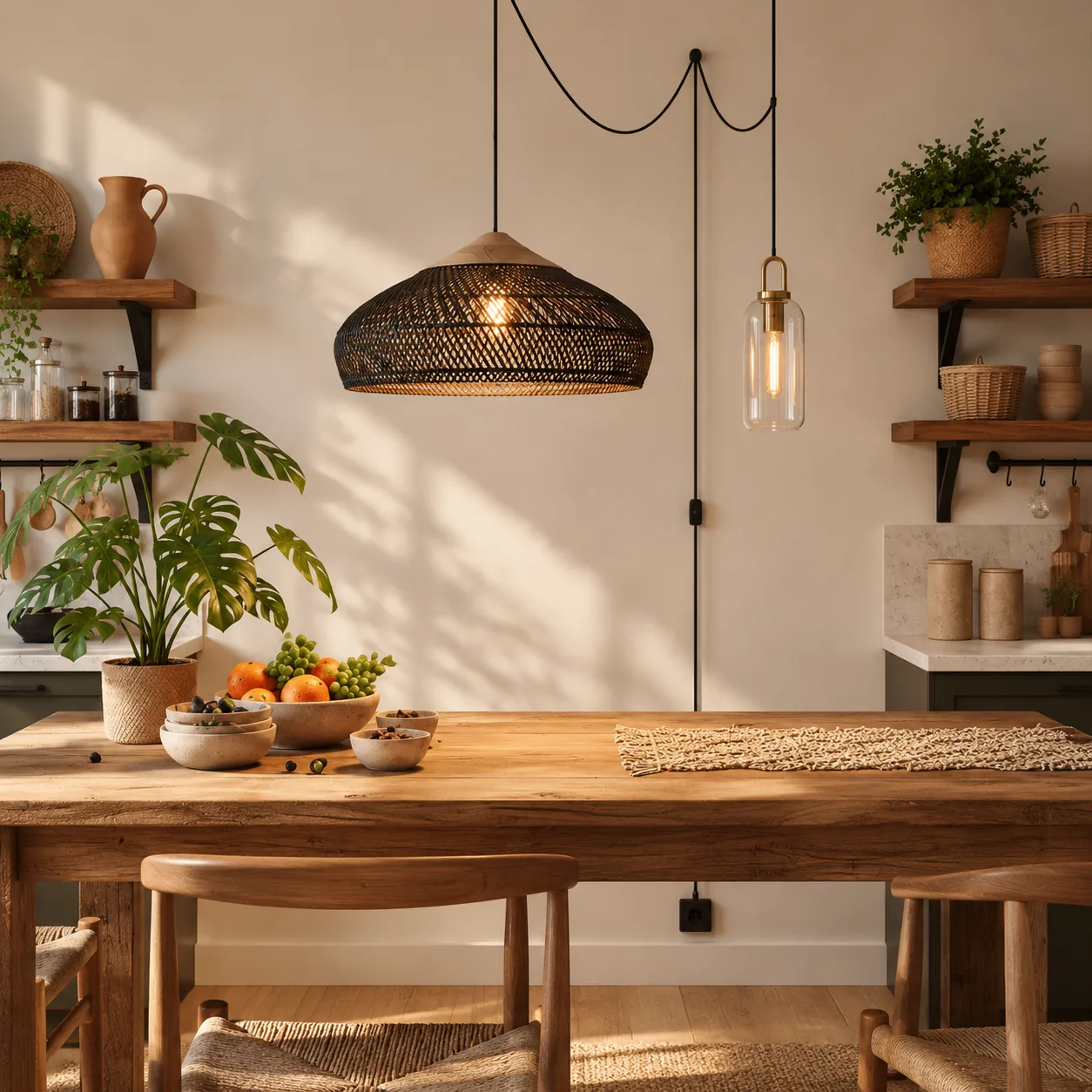 Rattan-Pendelleuchte und kupferfarbene Glaslampe &uuml;ber einem hellen Eichentisch