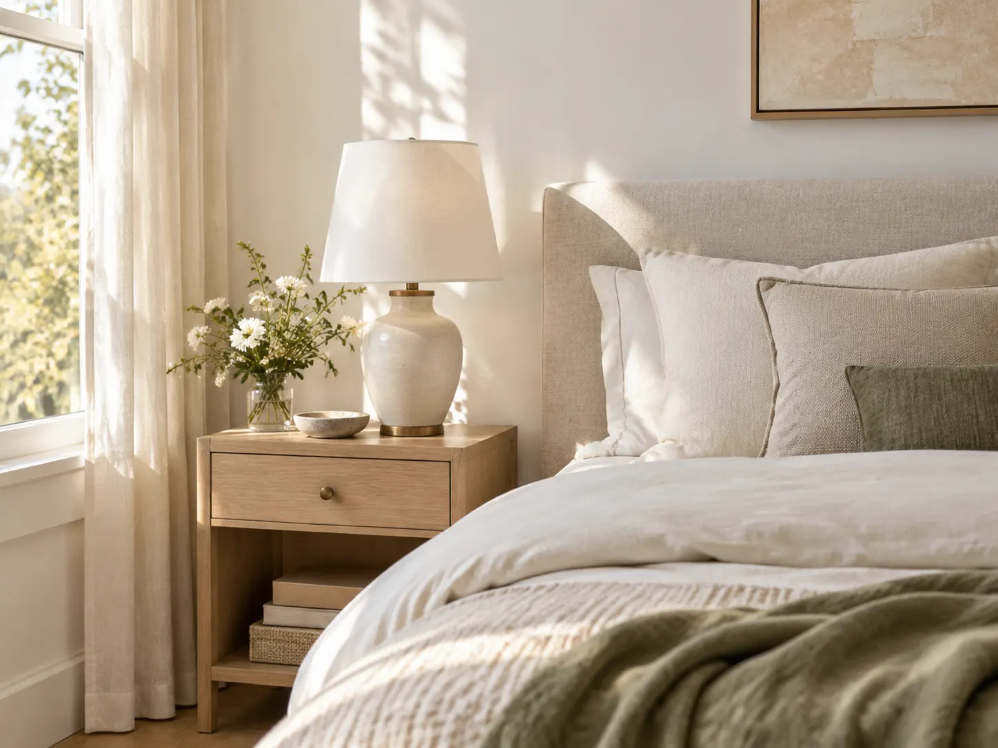 A bright bedroom with cream bedding and a linen lamp