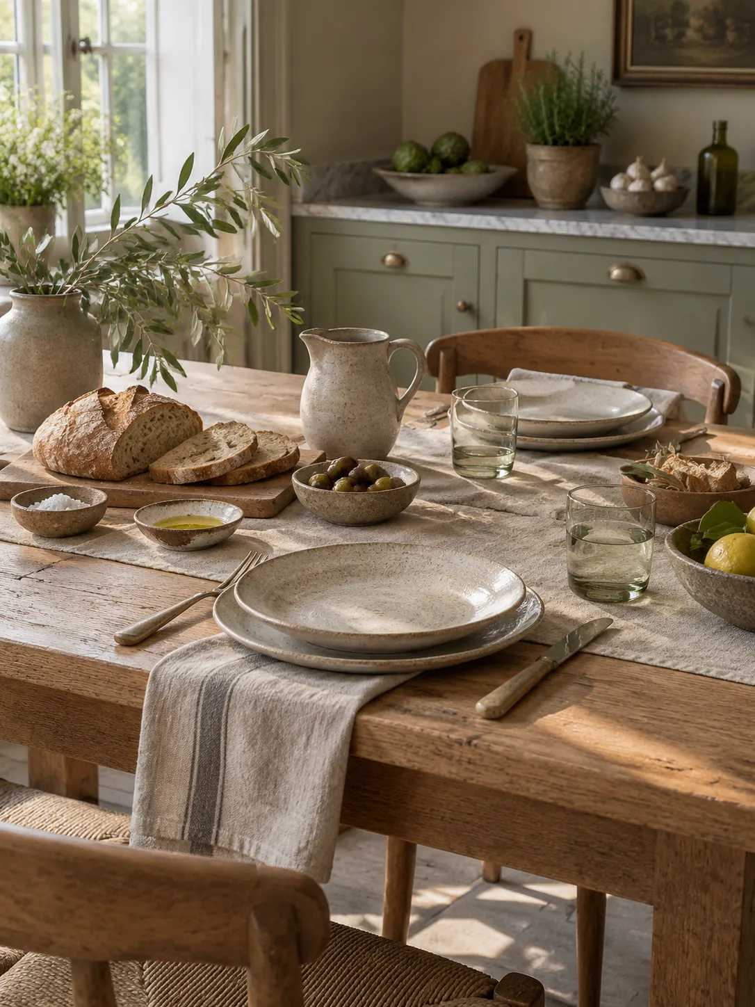 Stoneware place setting on an oak table