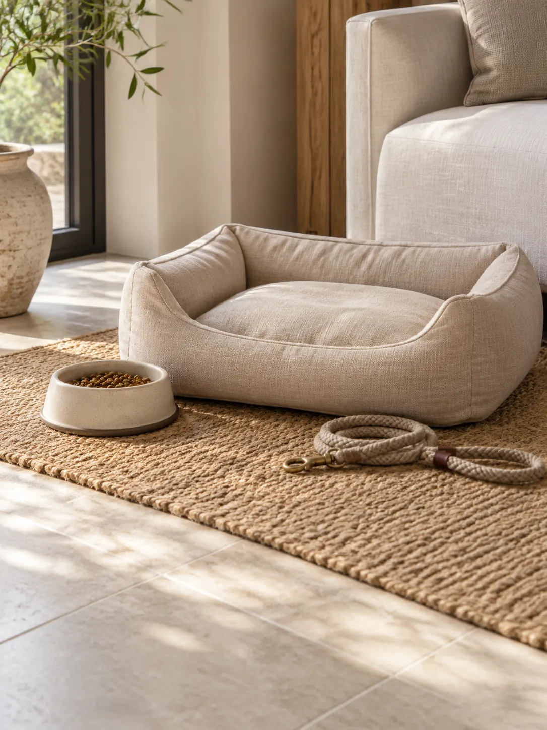 Oatmeal pet bed and ceramic bowl on jute