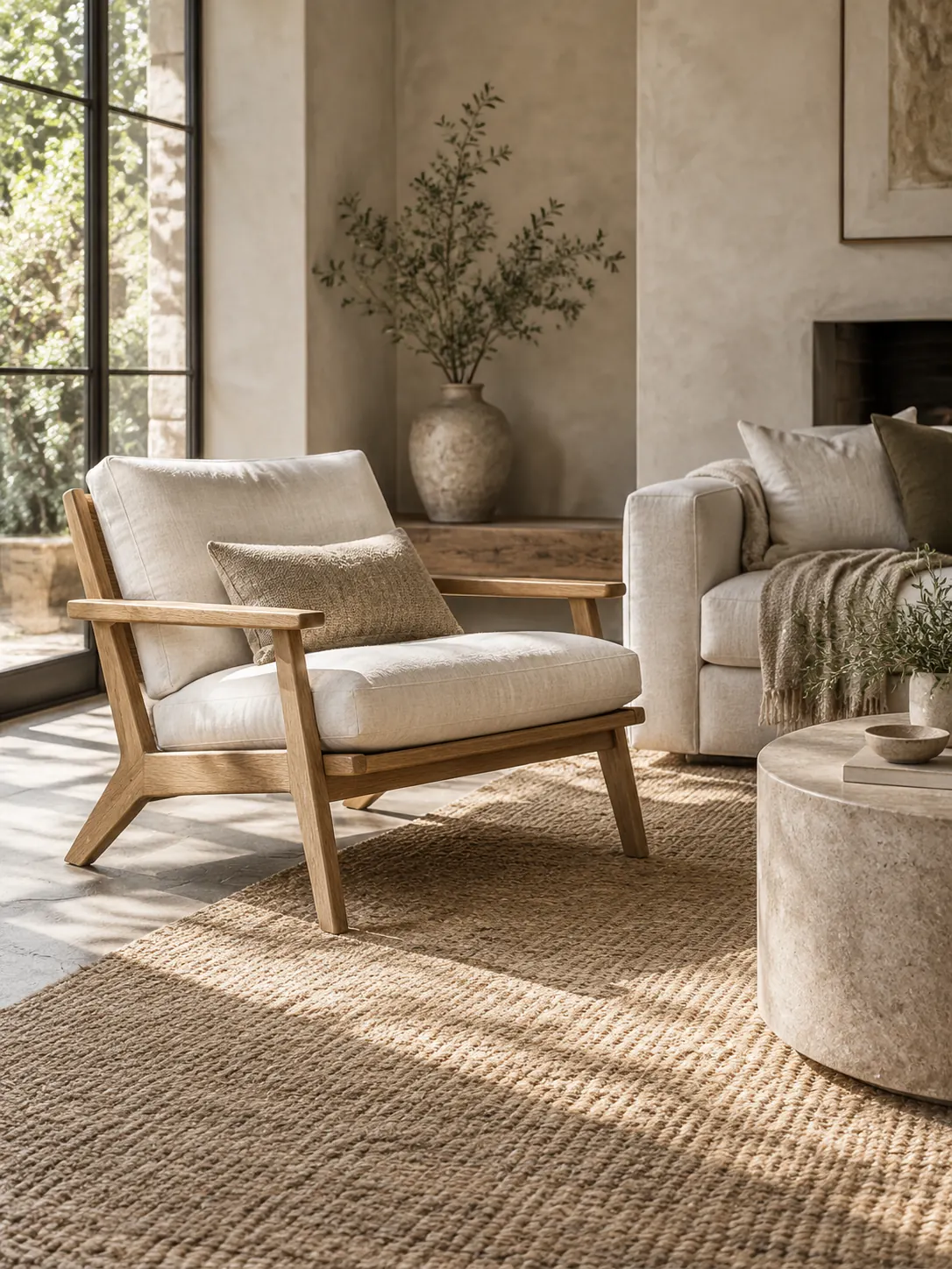 Oak lounge chair in a sunlit living room