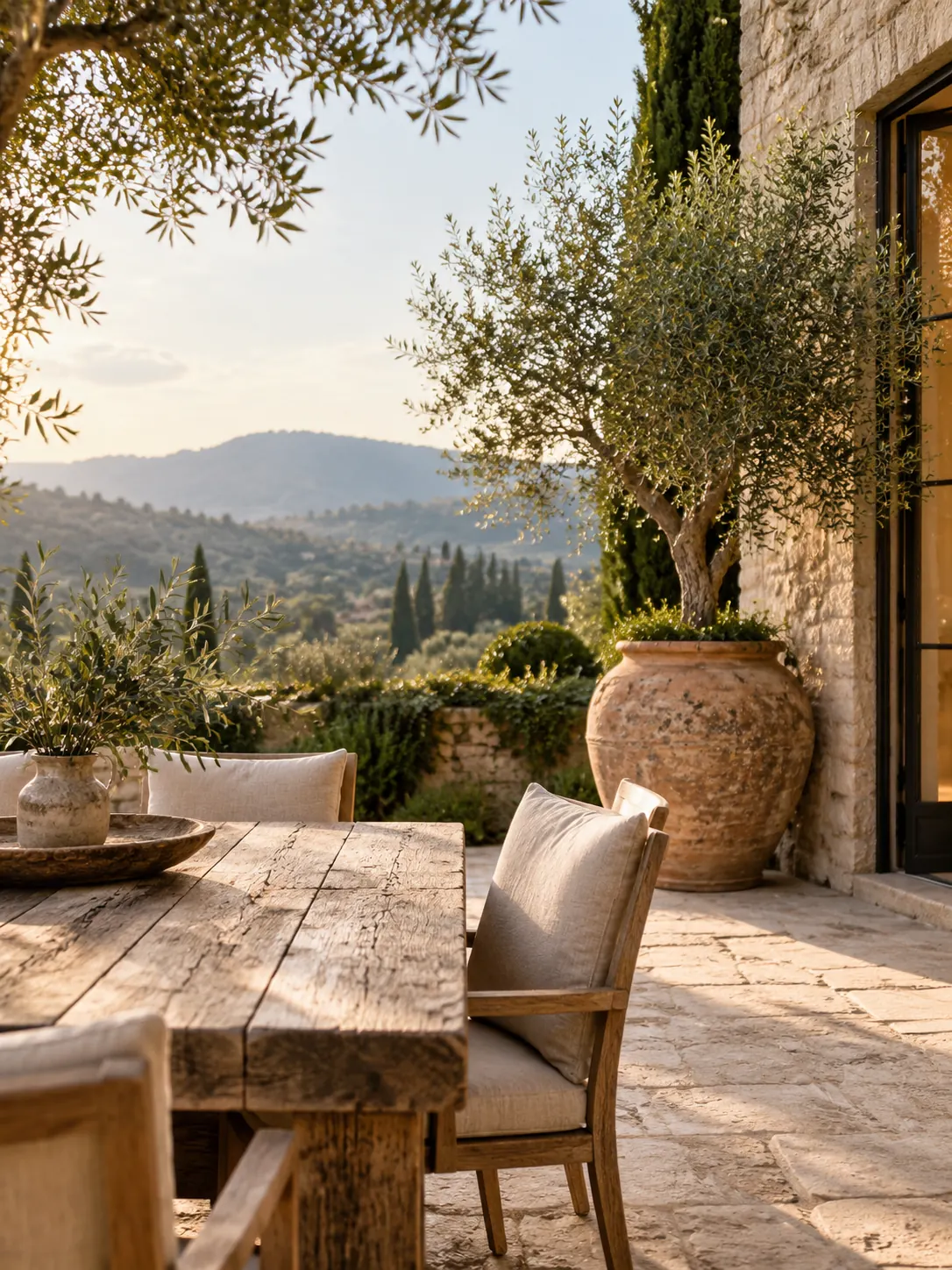 Stone terrace with an olive tree and linen chair