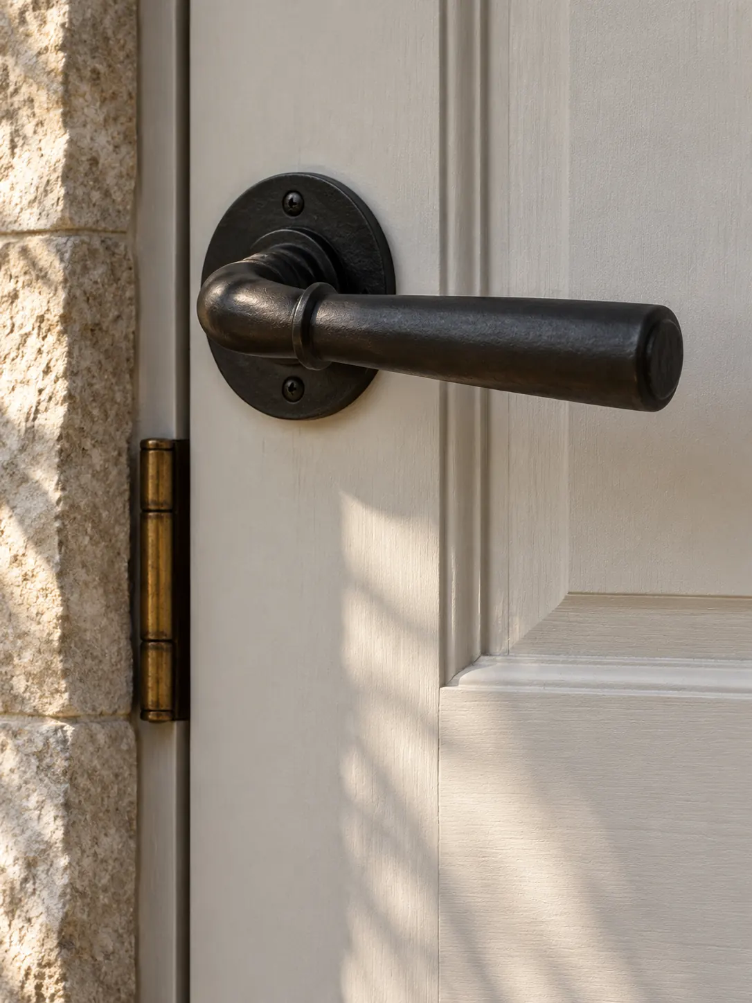 Matte black lever handle on a pale door
