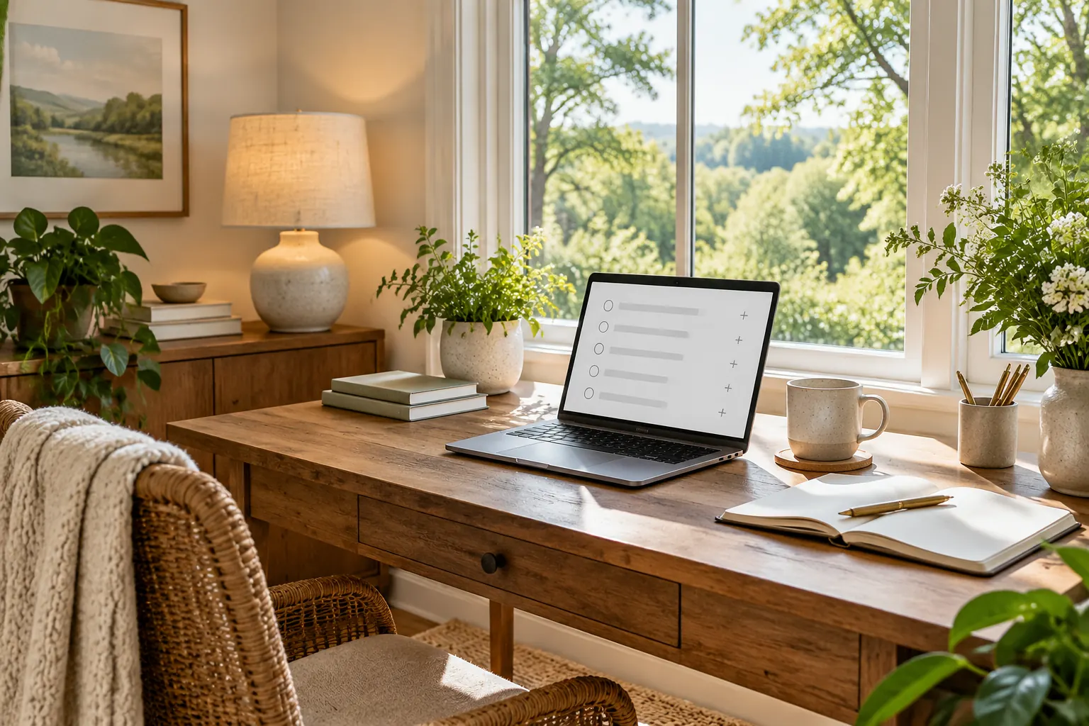 Ein sonniger Schreibtisch mit Lampe, Laptop und Notizbuch am Fenster