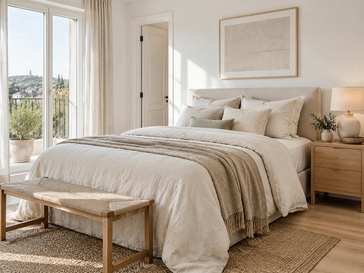 A bright modern bedroom with cream linen and pale oak