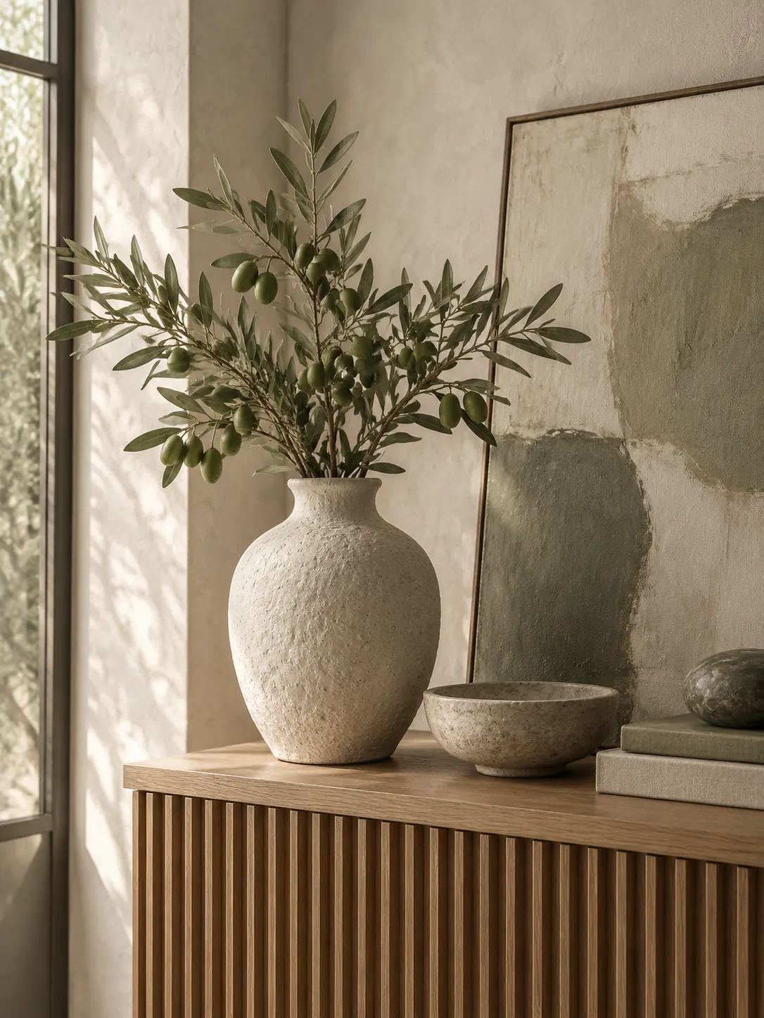 Textured ceramic vase on a fluted oak console