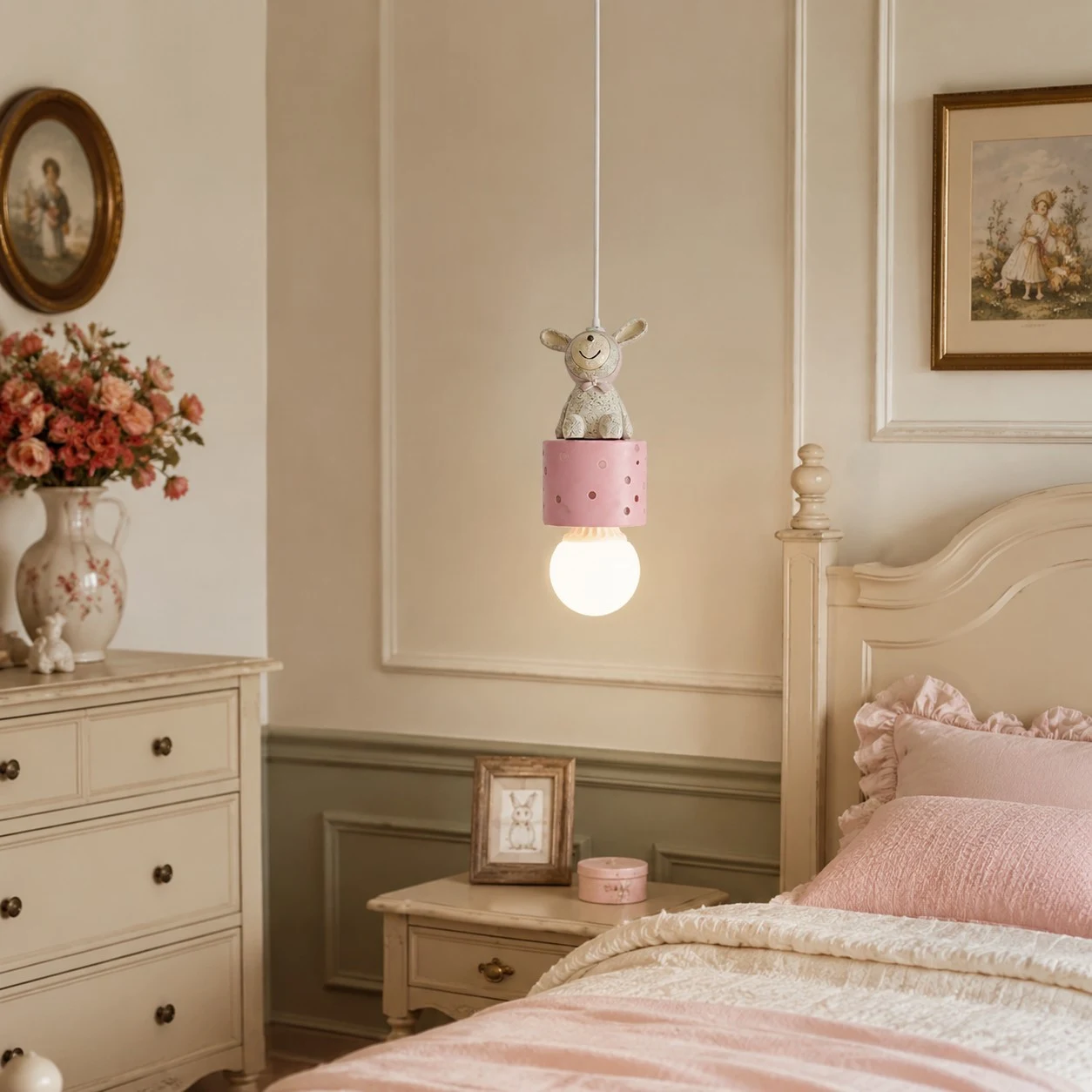 Bunny pink gift box pendant lamp bedside scene