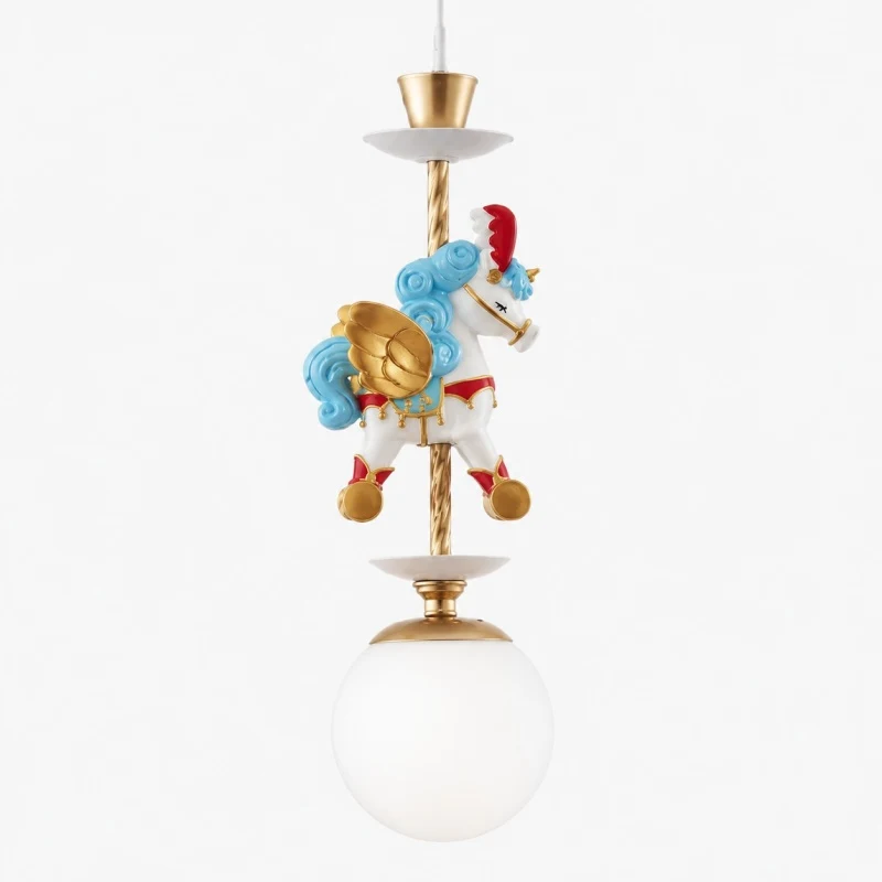Single unicorn pendant light with blue flower accents on white background