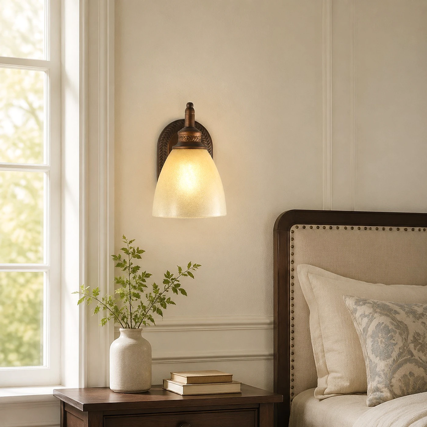 Antique bronze amber glass wall sconce