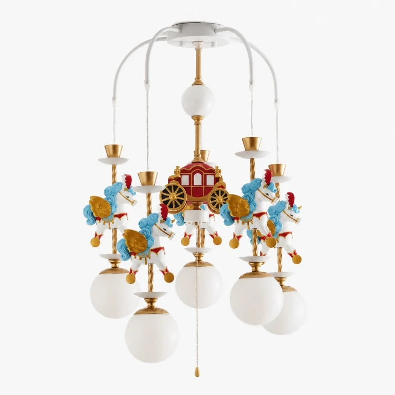Carousel style children room chandelier with multiple globe shades