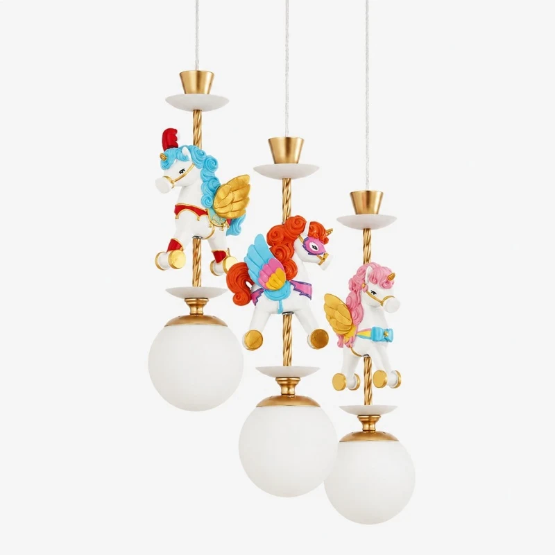 Three light unicorn chandelier with blue and red horse details