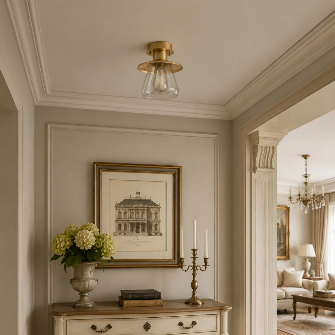 Gold glass ceiling light installed in an entryway scene