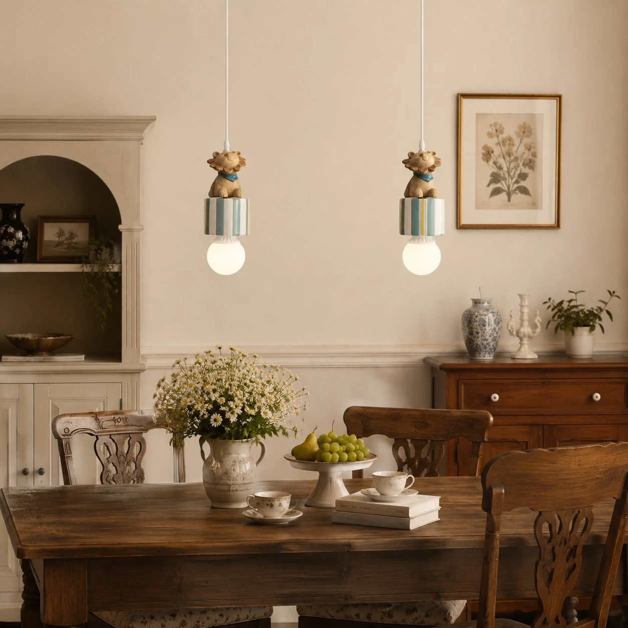 Animal gift box pendant lamps above a dining table
