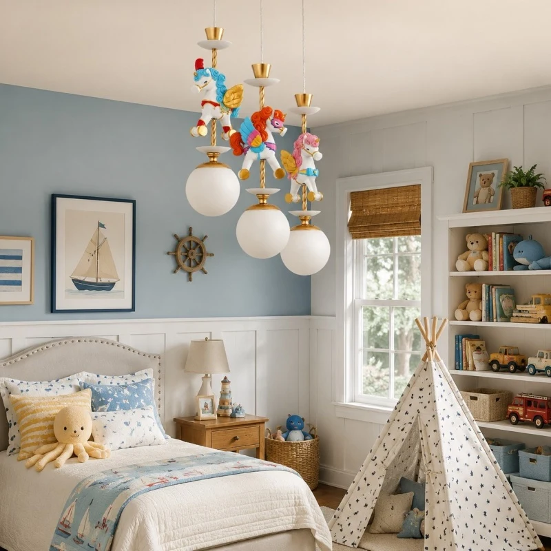 Unicorn chandelier in bright nursery bedroom setting