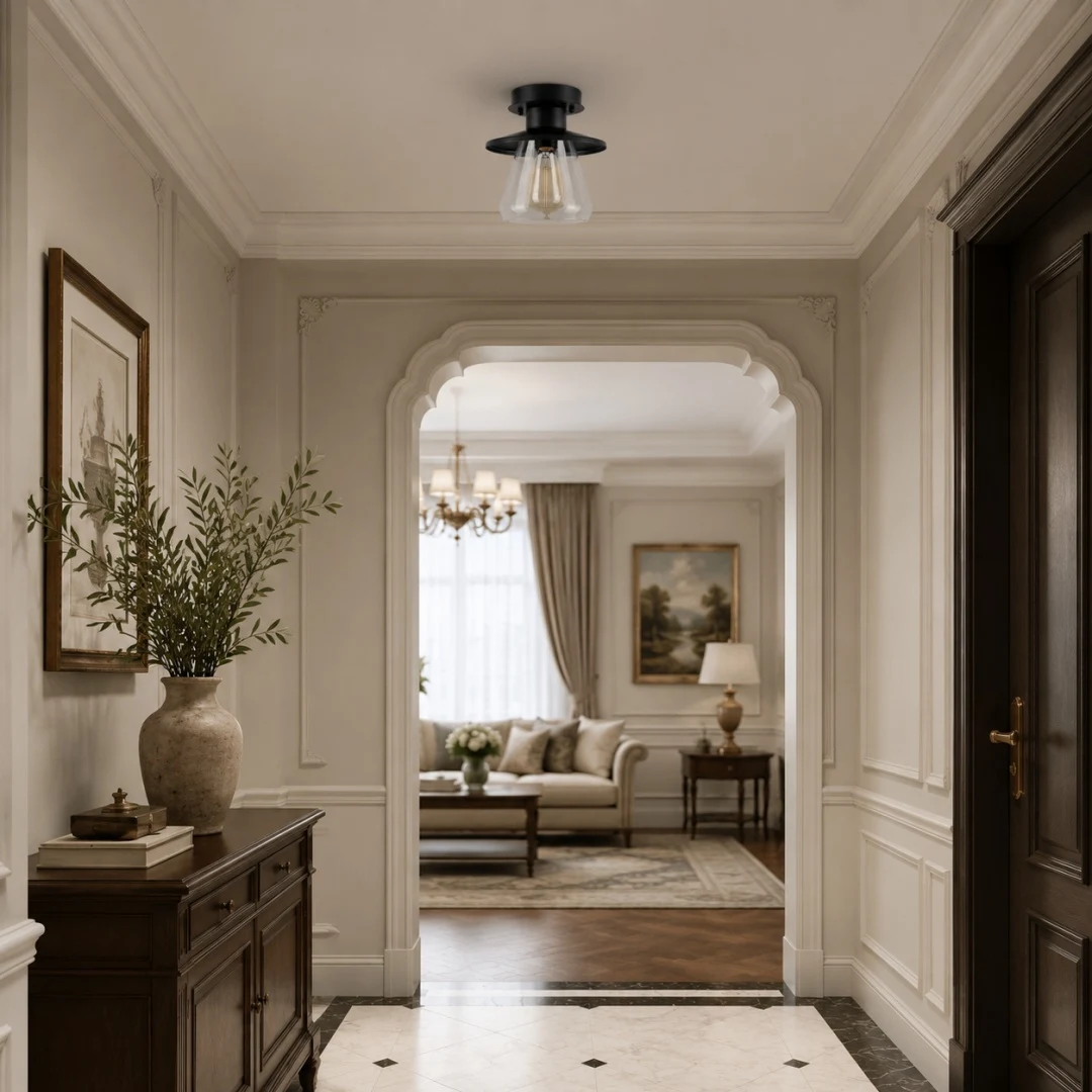 black glass ceiling light in covered hallway