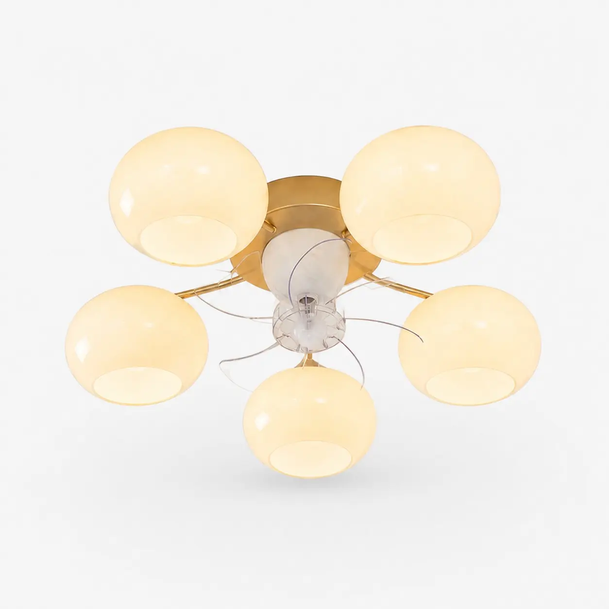 5-light modern gold ceiling fan light with white glass shades